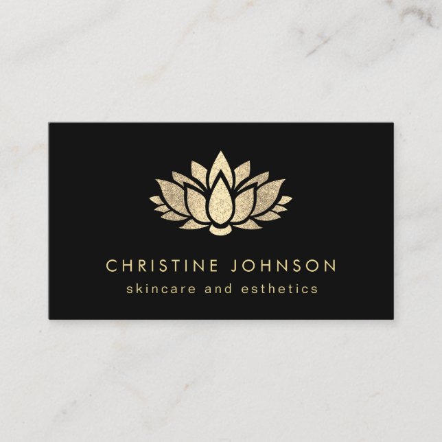 faux gold glitter lotus on black skincare business card (Front)
