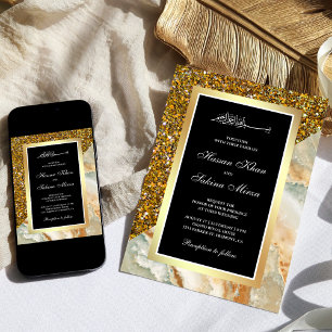 Faux Gold Glitter Marble Black Muslim Wedding Invitation