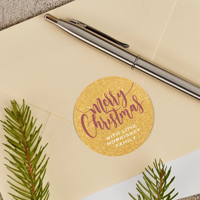 Faux Gold Glitter Merry Christmas Personalised Classic Round Sticker (Gold Glitter Print Merry Christmas Personalized Classic Round Sticker)