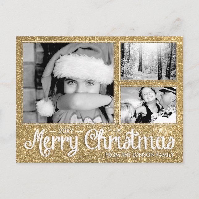 Faux Gold Glitter Merry Xmas 3 Photo Postcard (Front)