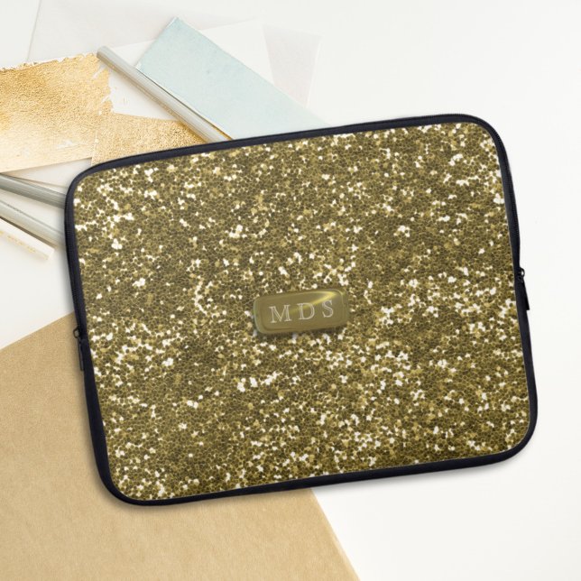 Faux Gold Glitter Modern Monogram Laptop Sleeve (Creator Uploaded)