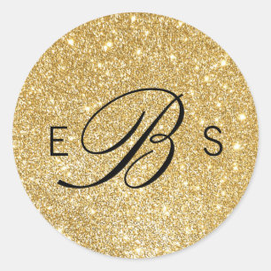Faux Gold Glitter Monogram Circle Wedding Stickers
