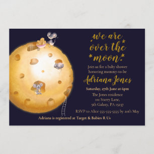 Faux gold glitter, moon made of cheese & cute mice invitation