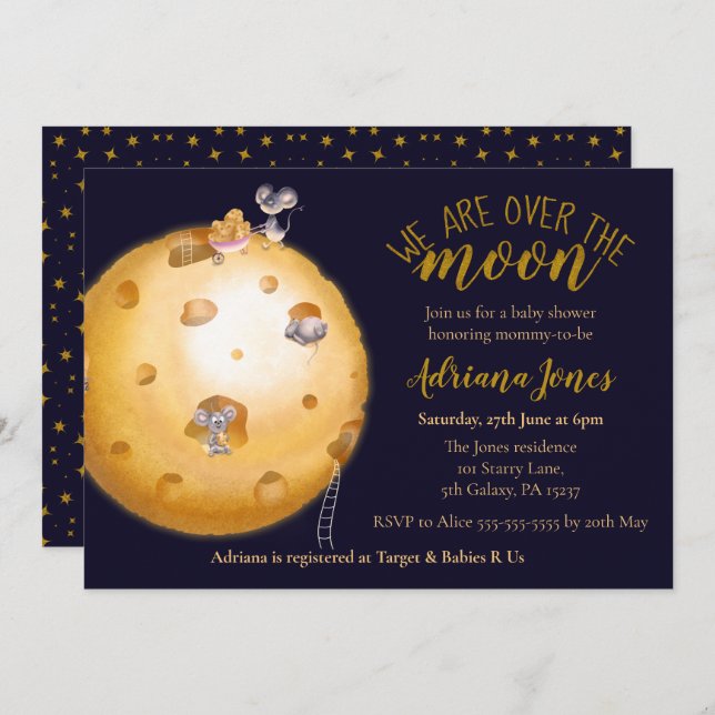 Faux gold glitter, moon made of cheese & cute mice invitation (Front/Back)