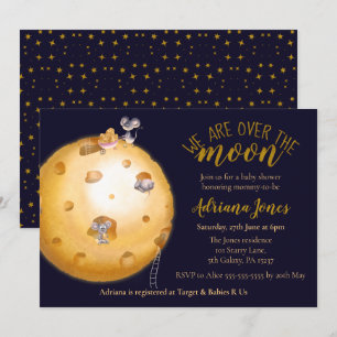 Faux gold glitter, moon made of cheese & cute mice invitation