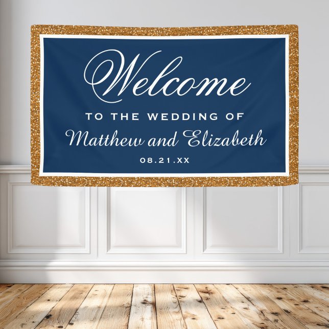 Faux Gold Glitter Navy Blue Wedding Welcome Banner (Creator Uploaded)