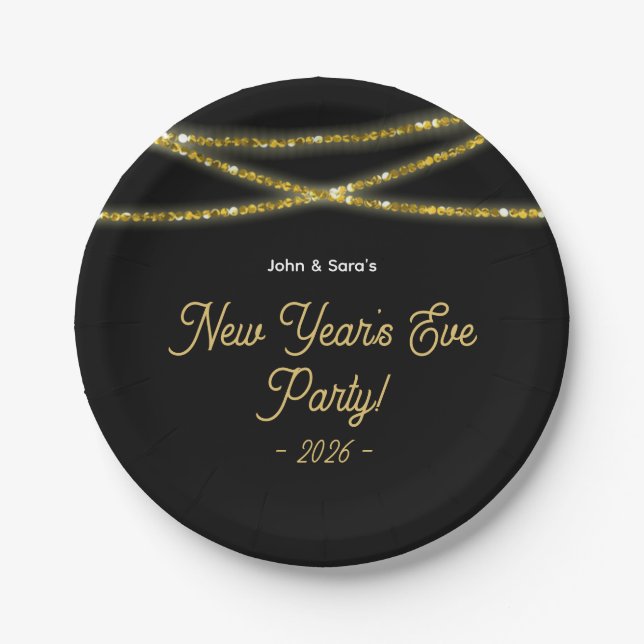 Faux Gold Glitter New Year's Eve Party Paper Plate (Front)