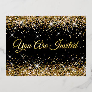 Faux Gold Glitter on Black 40th Birthday Foil Invitation Postcard
