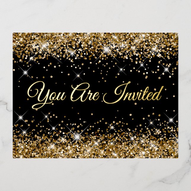 Faux Gold Glitter on Black 40th Birthday Foil Invitation Postcard (Front)