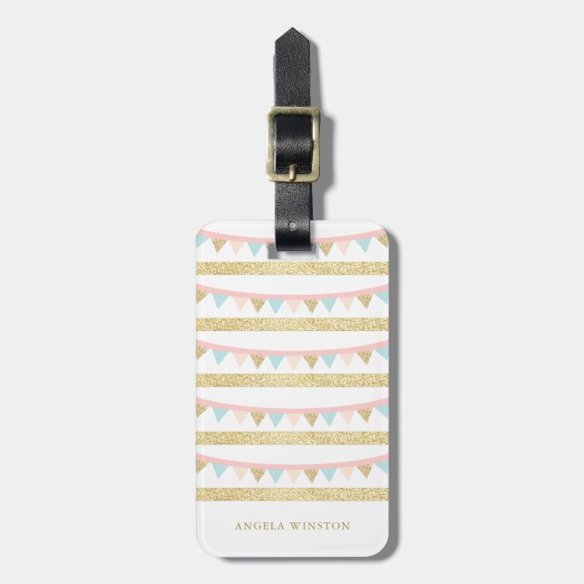 Faux Gold Glitter Pastel Bunting Luggage Tag (Front Vertical)