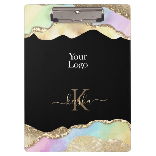 Faux Gold Glitter & Pastel Waves Bling Clipboard (Front)