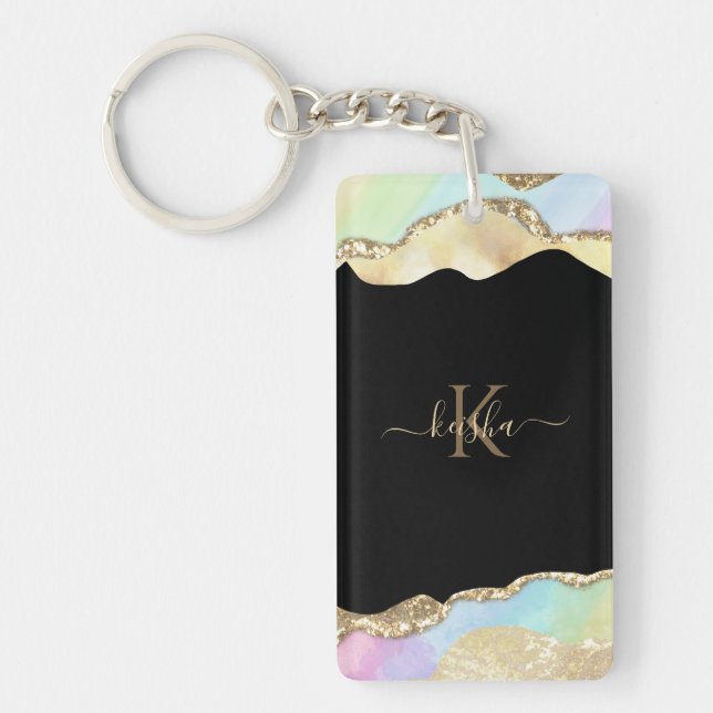Faux Gold Glitter & Pastel Waves Bling Key Ring (Front)
