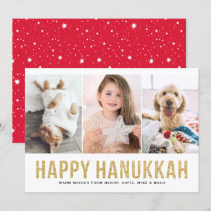 Faux Gold Glitter Photo Collage Happy Hanukkah Holiday Card