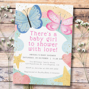 Faux Gold Glitter Pink Butterfly Girl Baby Shower Invitation