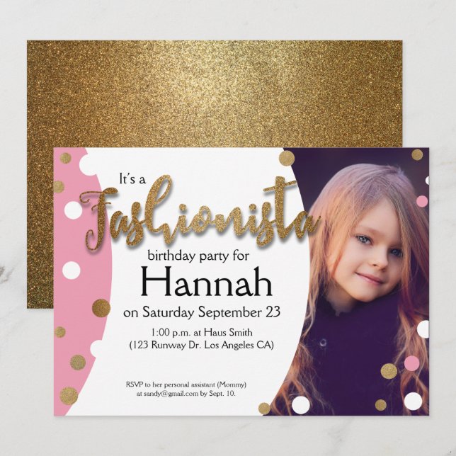 Faux Gold Glitter, Pink dots Fashionista Birthday Invitation (Front/Back)