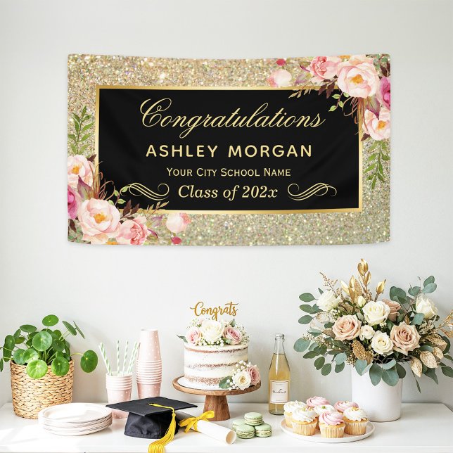 Faux Gold Glitter Pink Floral Graduation Party Banner (Creator Uploaded)