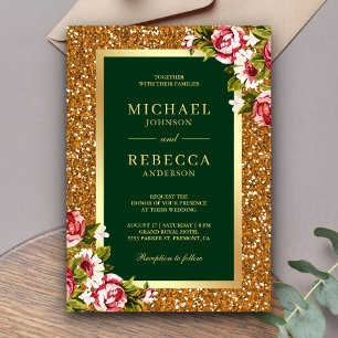 Faux Gold Glitter Pink Floral Hunter Green Wedding Invitation