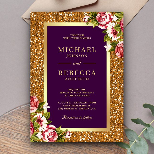 Faux Gold Glitter Pink Floral Plum Purple Wedding Invitation (Creator Uploaded)
