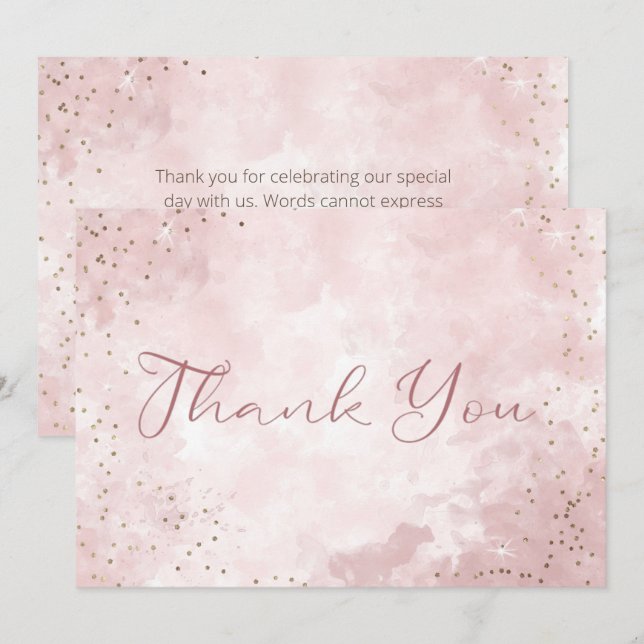 Faux Gold Glitter & Pink Modern Wedding Thank You Card (Front/Back)