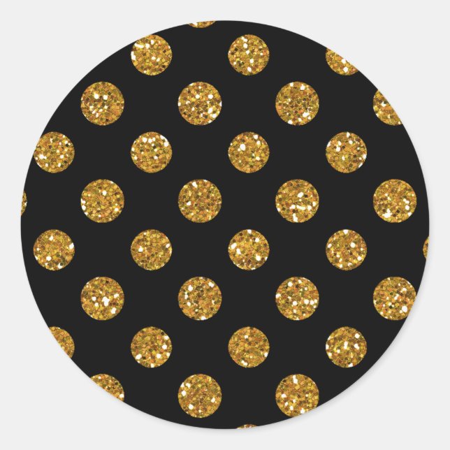 Faux Gold Glitter Polka Dots Pattern on Black Classic Round Sticker (Front)
