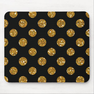 Faux Gold Glitter Polka Dots Pattern on Black Mouse Mat