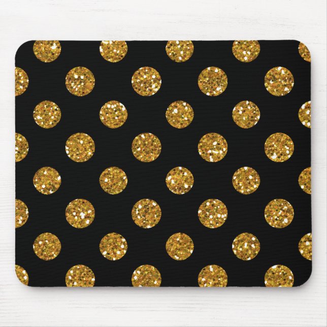Faux Gold Glitter Polka Dots Pattern on Black Mouse Mat (Front)