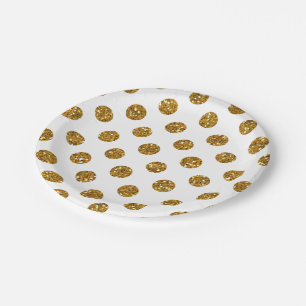 Faux Gold Glitter Polka Dots Pattern on White Paper Plate
