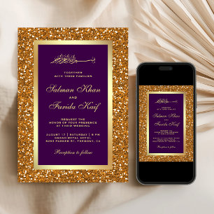 Faux Gold Glitter Purple Islamic Muslim Wedding Invitation