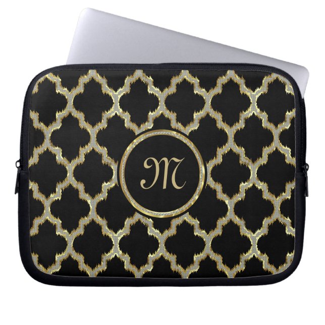 Faux Gold Glitter Quatrefoil Ikat Pattern Laptop Sleeve (Front)