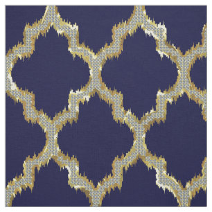 Faux Gold Glitter Quatrefoil Ikat With Blue Back Fabric