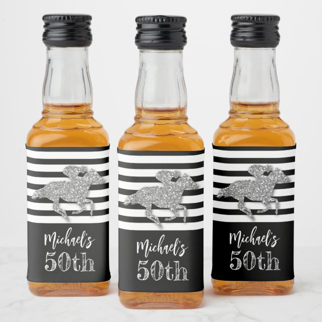 Faux Gold Glitter Race Horse on Black Stripes Liqu Liquor Bottle Label (Bottles)