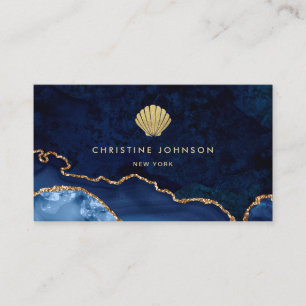 faux gold glitter seashell on blue business card