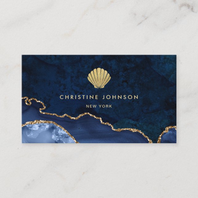 faux gold glitter seashell on blue business card (Front)