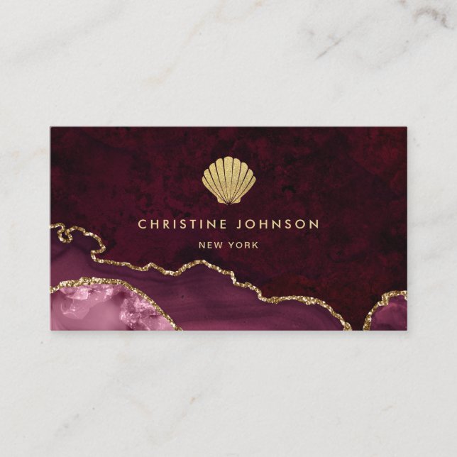 faux gold glitter seashell on burgundy business card (Front)