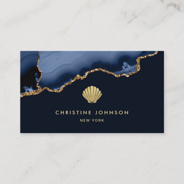 faux gold glitter seashell on dark blue business card (Front)