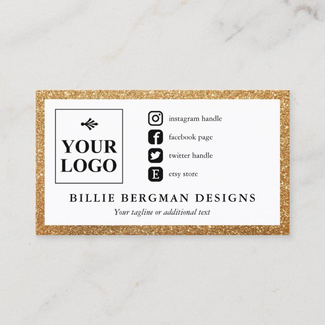 Faux Gold Glitter Social Media Icons with Logo Business Card (Front)
