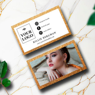 Faux Gold Glitter Social Media Logo & Photo Business Card