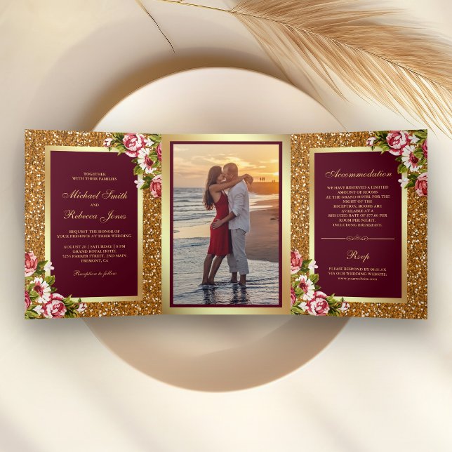 Faux Gold Glitter Sparkle Burgundy Floral Wedding Tri-Fold Invitation (Creator Uploaded)