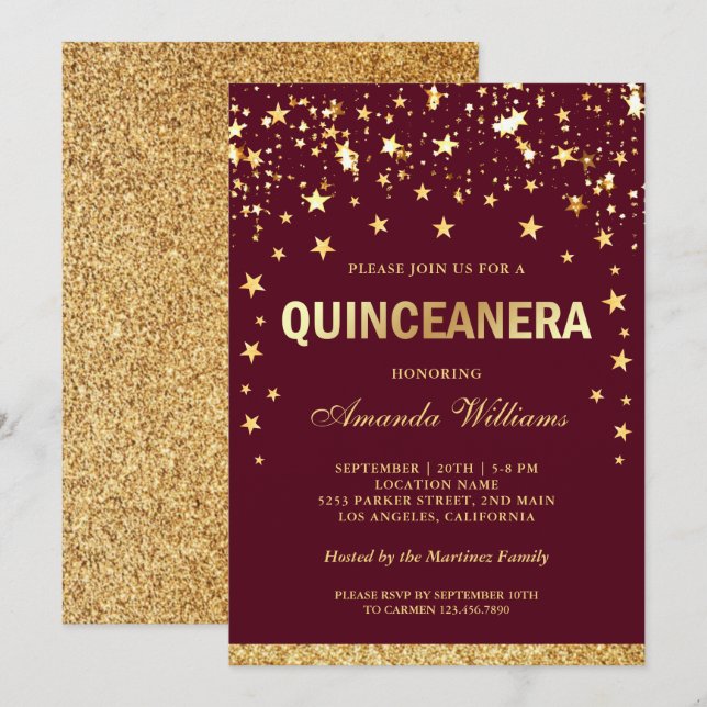 Faux Gold Glitter Stars Confetti Quinceanera Invitation (Front/Back)