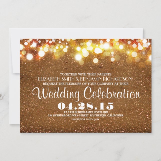 faux gold glitter string lights wedding invitation (Front)