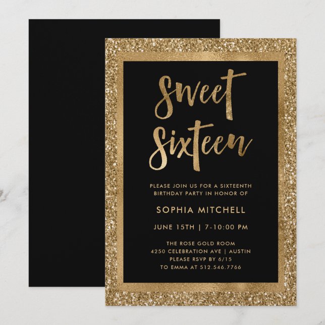 Faux Gold Glitter | Sweet 16 Party Invitation (Front/Back)
