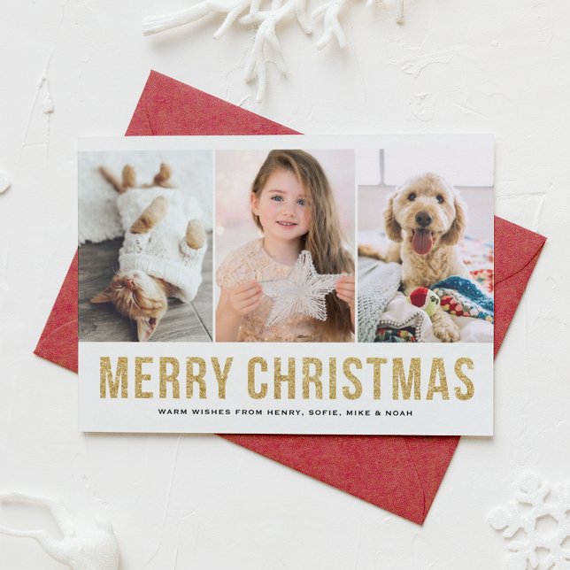 Faux Gold Glitter Three Photo Collage Christmas Holiday Card (Creator Uploaded)
