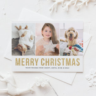 Faux Gold Glitter Three Photo Collage Christmas Holiday Postcard