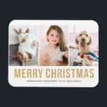 Faux Gold Glitter Three Photo Collage Christmas Magnet<br><div class="desc">Merry Christmas | Add a touch of sparkle to your holiday season with our customisable photo Christmas magnet, featuring eye-catching gold glitter letters! This festive magnet is a delightful way to showcase your favourite holiday photo while sending warm wishes to friends and family. The elegant gold glitter letters create a...</div>
