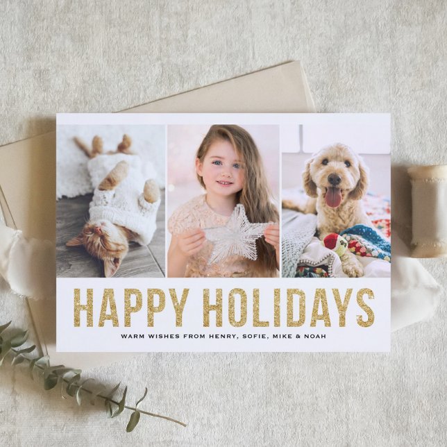 Faux Gold Glitter Three Photo Collage Modern Holiday Card (Creator Uploaded)