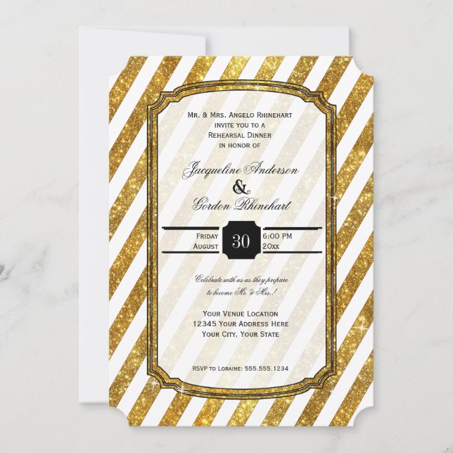 Faux Gold Glitter Ticket Striped Rehearsal Dinner Invitation (Front)