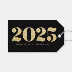 Faux Gold Glitter Typography Happy New Year Black Gift Tags