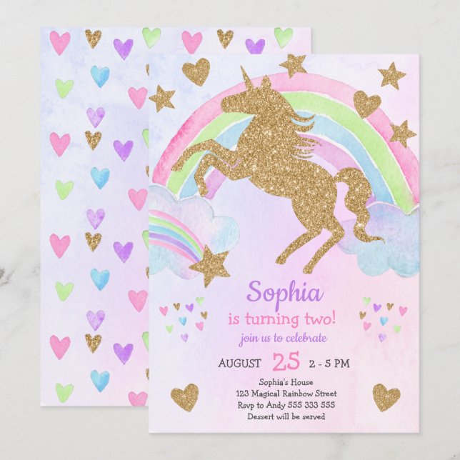 Faux Gold Glitter Unicorn Girl Birthday Invitation (Front/Back)