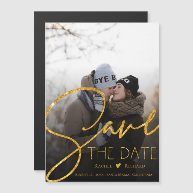 Faux Gold Glitter Wedding Photo Save The Date Magnetic Invitation (Front/Back)