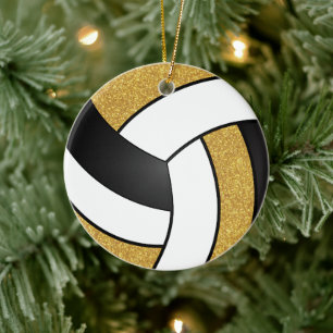 Faux Gold Glitter, White and Black Volleyball Ceramic Tree Decoration